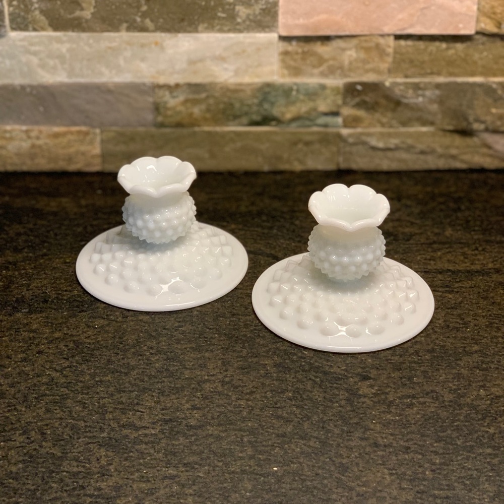 FENTON | Set of 2 | White Milk Glass Hobnail Candleholders